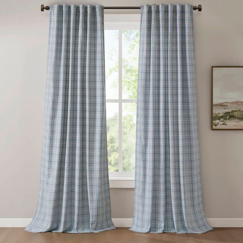 Open Box - Regency Heights - Fleece Lining Plaid Weave Window Curtai Blue